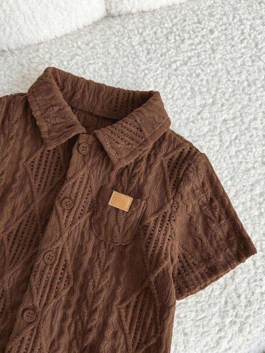 Baby Boy 2pcs Knit Jacquard Summer Set - Short Sleeve Shirt & Elastic Shorts