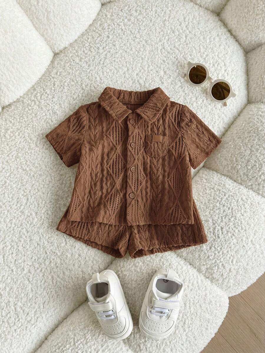Baby Boy 2pcs Knit Jacquard Summer Set - Short Sleeve Shirt & Elastic Shorts