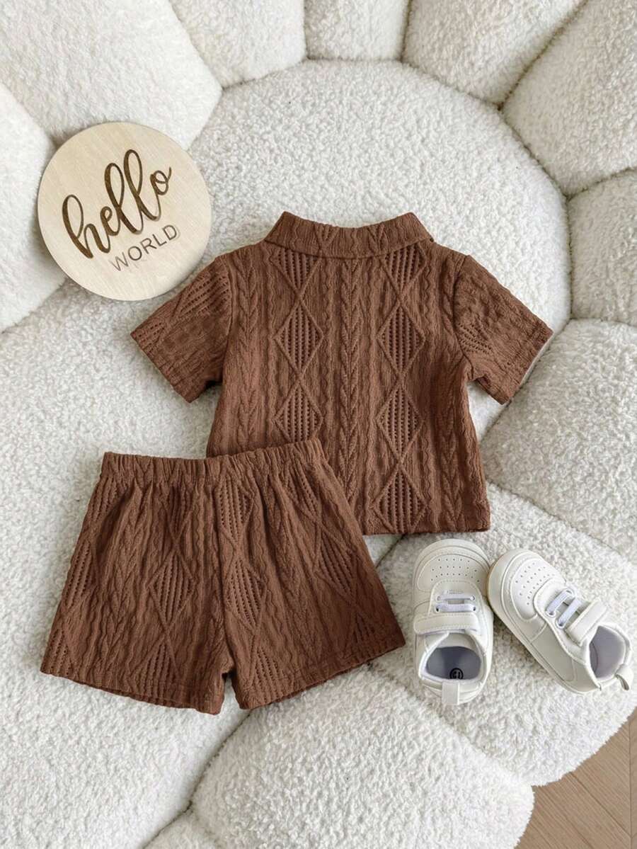 Baby Boy 2pcs Knit Jacquard Summer Set - Short Sleeve Shirt & Elastic Shorts