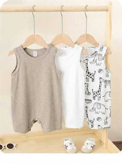 Unisex Baby Solid Color Soft Knit Sleeveless Romper 3 Piece Outfit Set