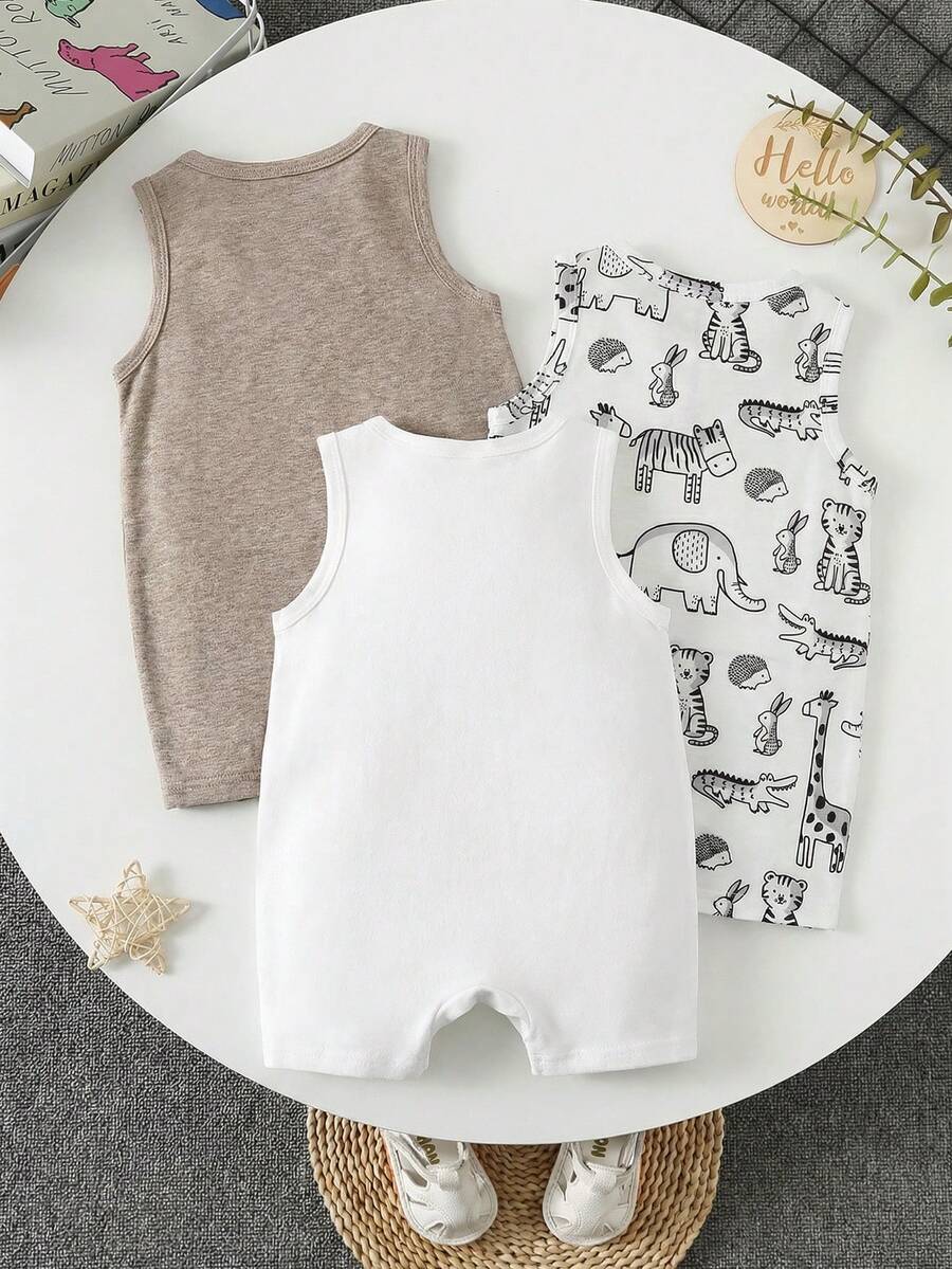 Unisex Baby Solid Color Soft Knit Sleeveless Romper 3 Piece Outfit Set
