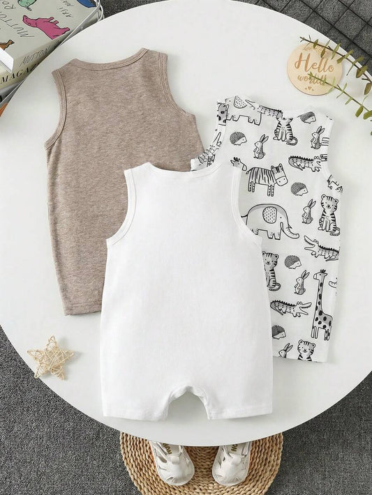 Unisex Baby Solid Color Soft Knit Sleeveless Romper 3 Piece Outfit Set