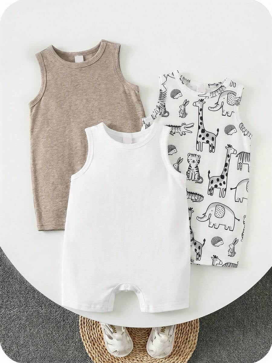 Unisex Baby Solid Color Soft Knit Sleeveless Romper 3 Piece Outfit Set