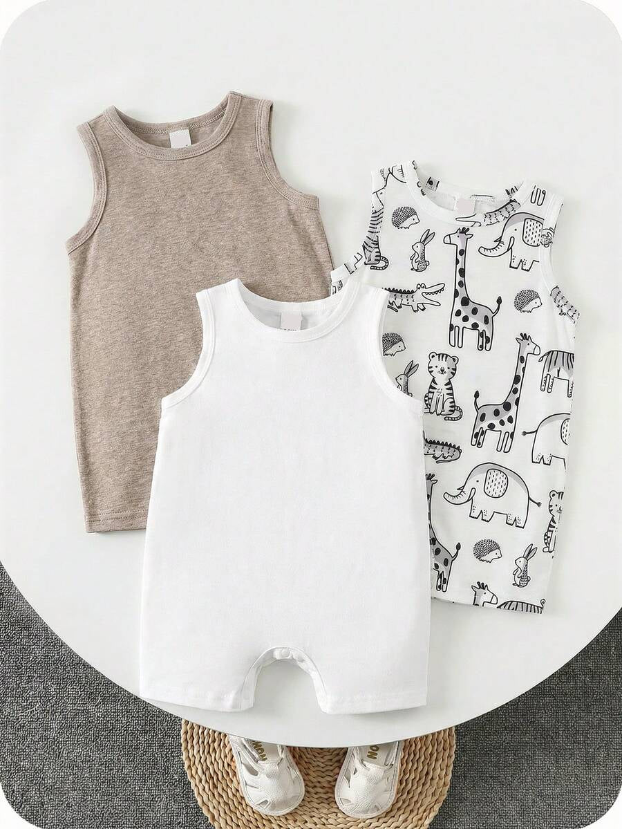Unisex Baby Solid Color Soft Knit Sleeveless Romper 3 Piece Outfit Set