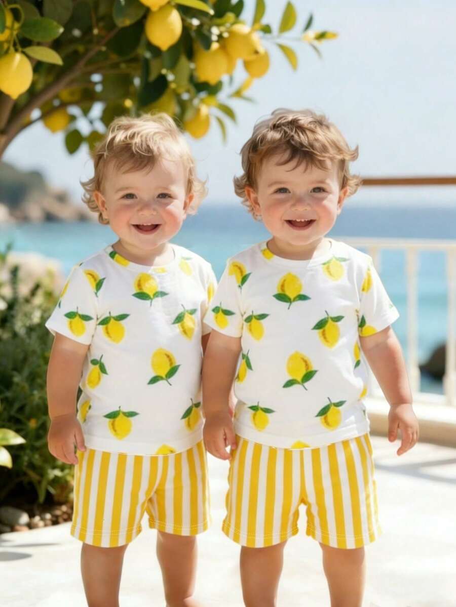 Cute Yellow GraphicGems Baby Boy Letter Print T-Shirt & Shorts Set