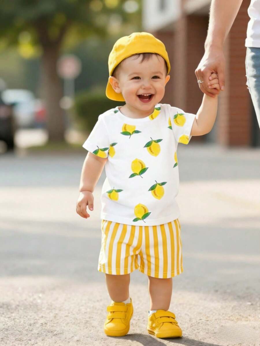 Cute Yellow GraphicGems Baby Boy Letter Print T-Shirt & Shorts Set
