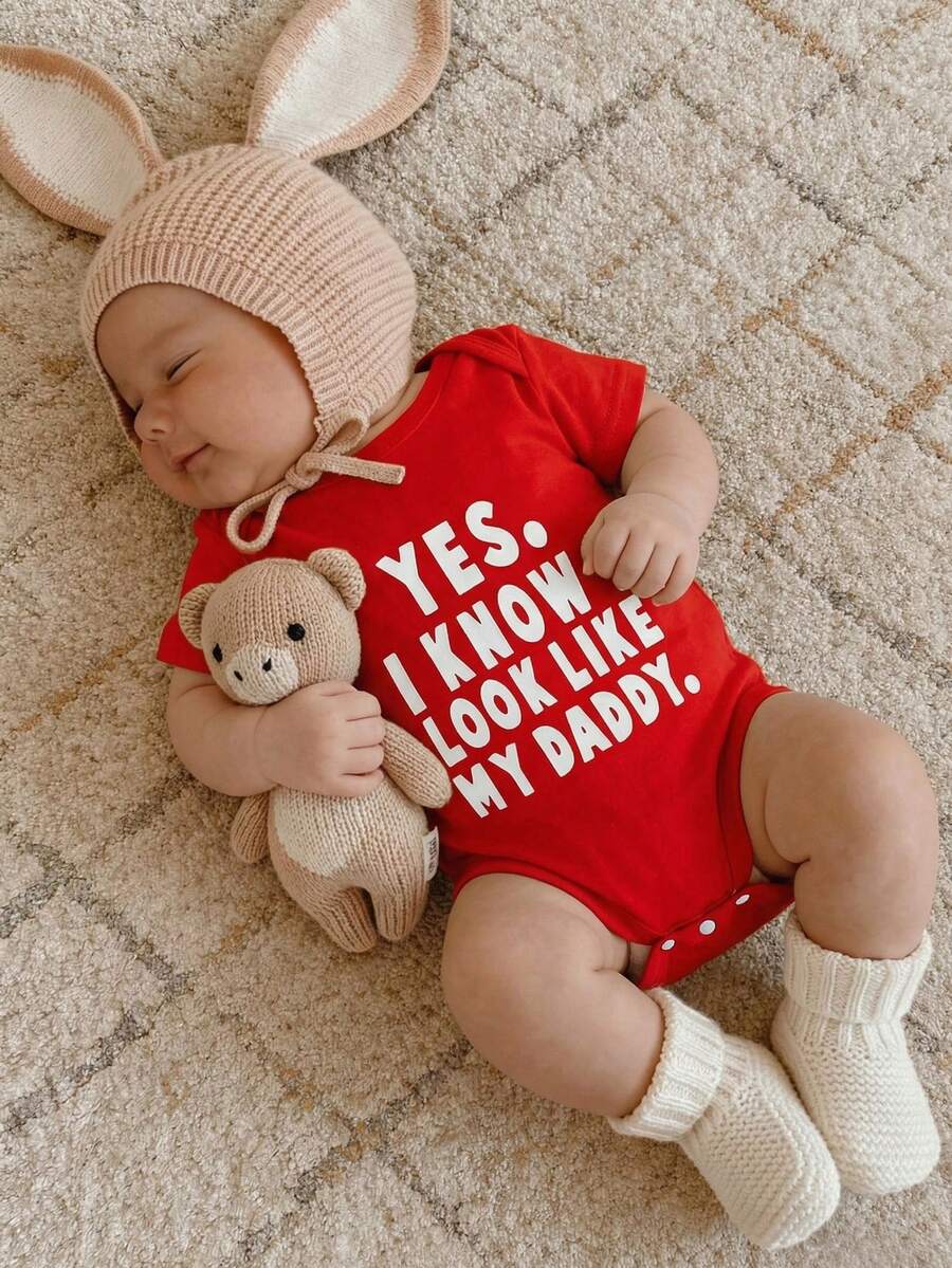 Unisex Newborn Baby Letter Slogan Short Sleeve Bodysuit Neutral White Everyday Outfit