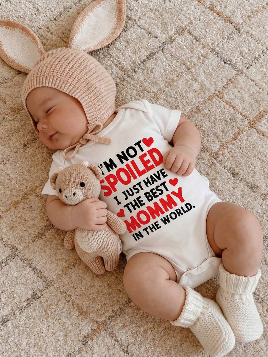 Unisex Newborn Baby Letter Slogan Short Sleeve Bodysuit Neutral White Everyday Outfit