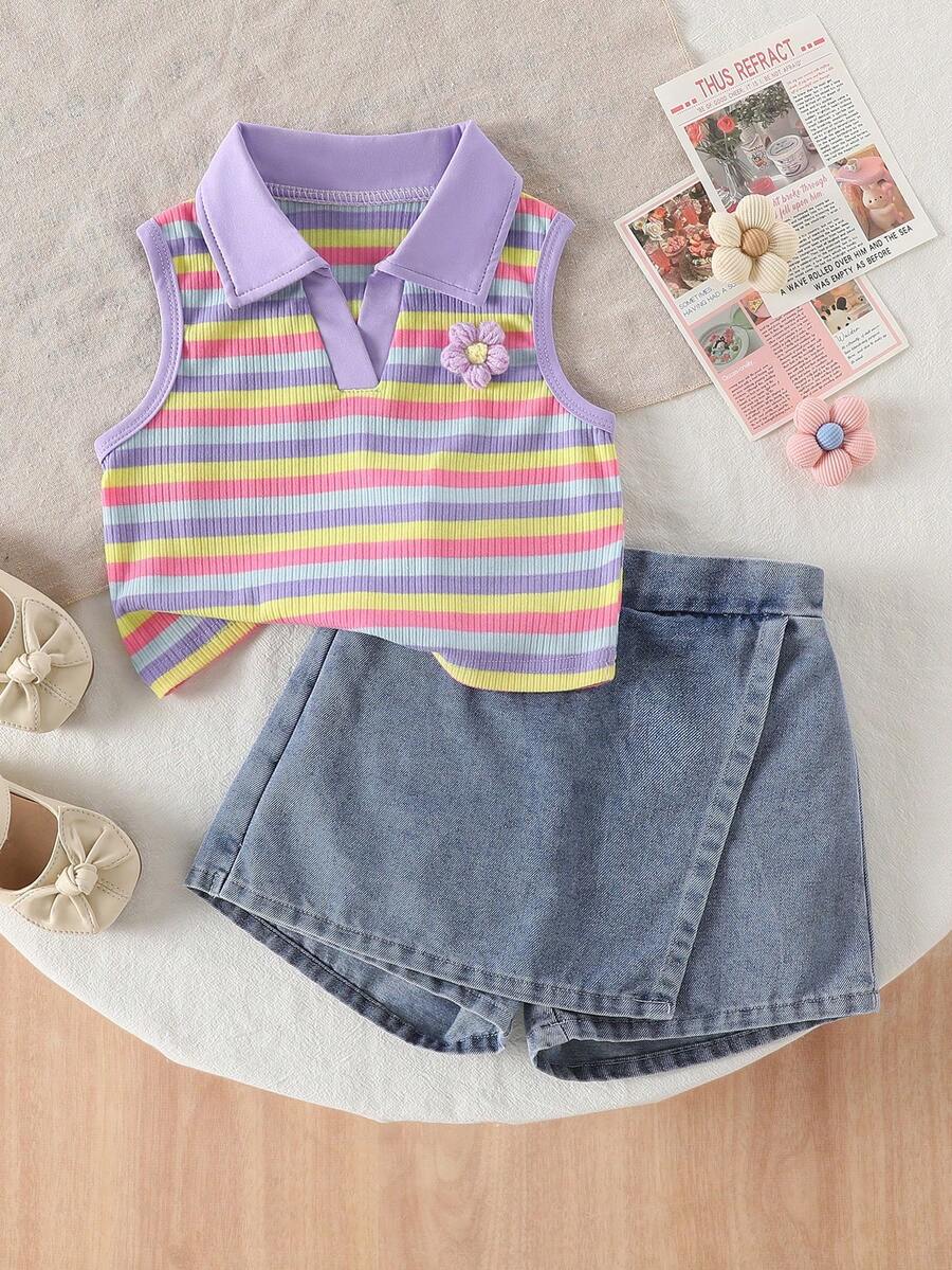Toddler Girls Textured Knit Vest Top And Denim Skort Flower Embroidered Summer Outfit Set
