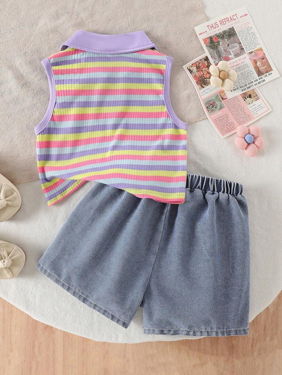 Toddler Girls Textured Knit Vest Top And Denim Skort Flower Embroidered Summer Outfit Set