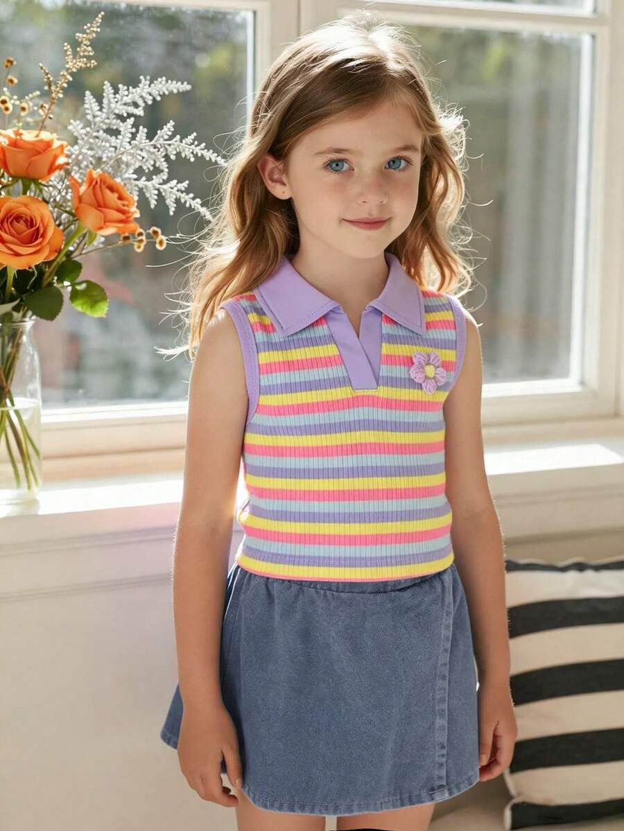 Toddler Girls Textured Knit Vest Top And Denim Skort Flower Embroidered Summer Outfit Set