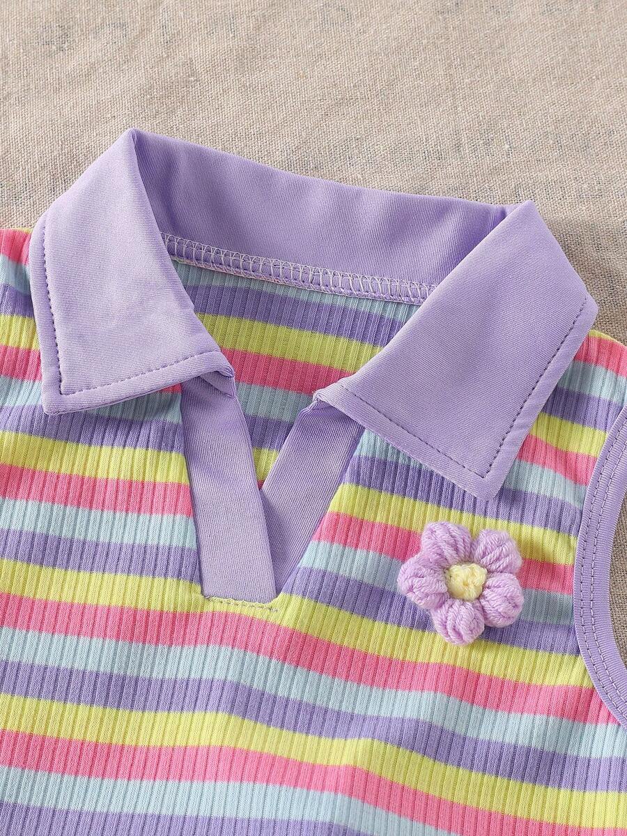 Toddler Girls Textured Knit Vest Top And Denim Skort Flower Embroidered Summer Outfit Set