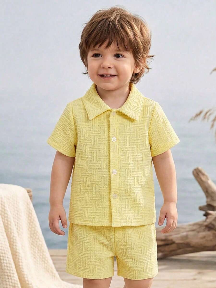 2pcs/Set Baby Boy Casual Striped Polo Collar Top & Shorts Summer Clothes
