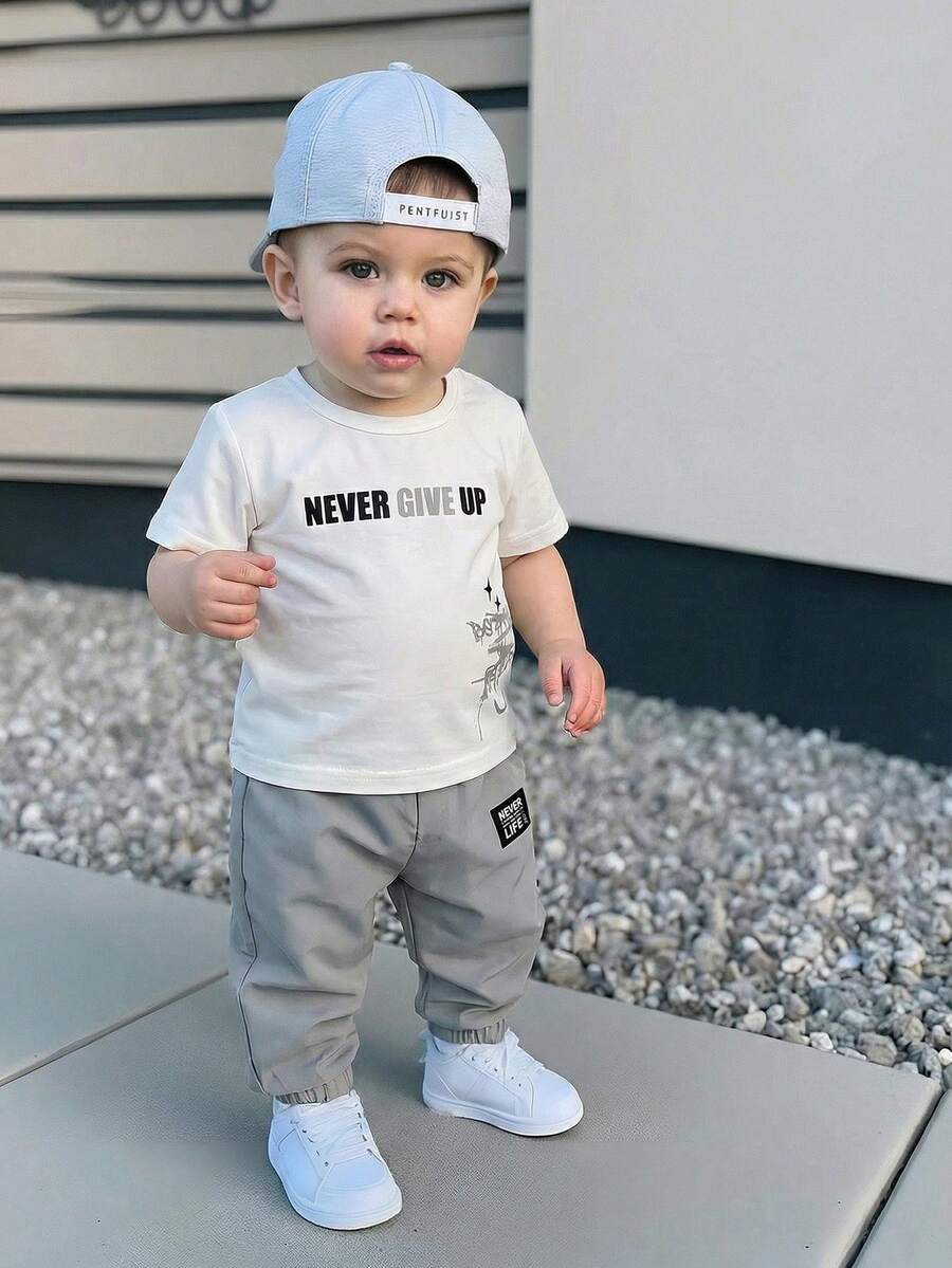 Baby Boy Letter Print T Shirt and Large Pocket Pants 2 Piece Casual Outfit Set for Spring Summer Autumn