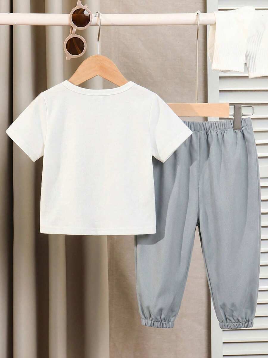 Baby Boy Letter Print T Shirt and Large Pocket Pants 2 Piece Casual Outfit Set for Spring Summer Autumn