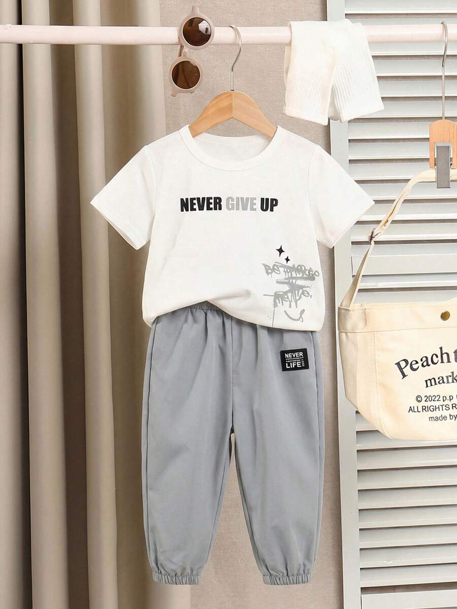 Baby Boy Letter Print T Shirt and Large Pocket Pants 2 Piece Casual Outfit Set for Spring Summer Autumn