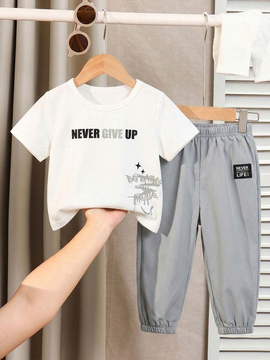 Baby Boy Letter Print T Shirt and Large Pocket Pants 2 Piece Casual Outfit Set for Spring Summer Autumn