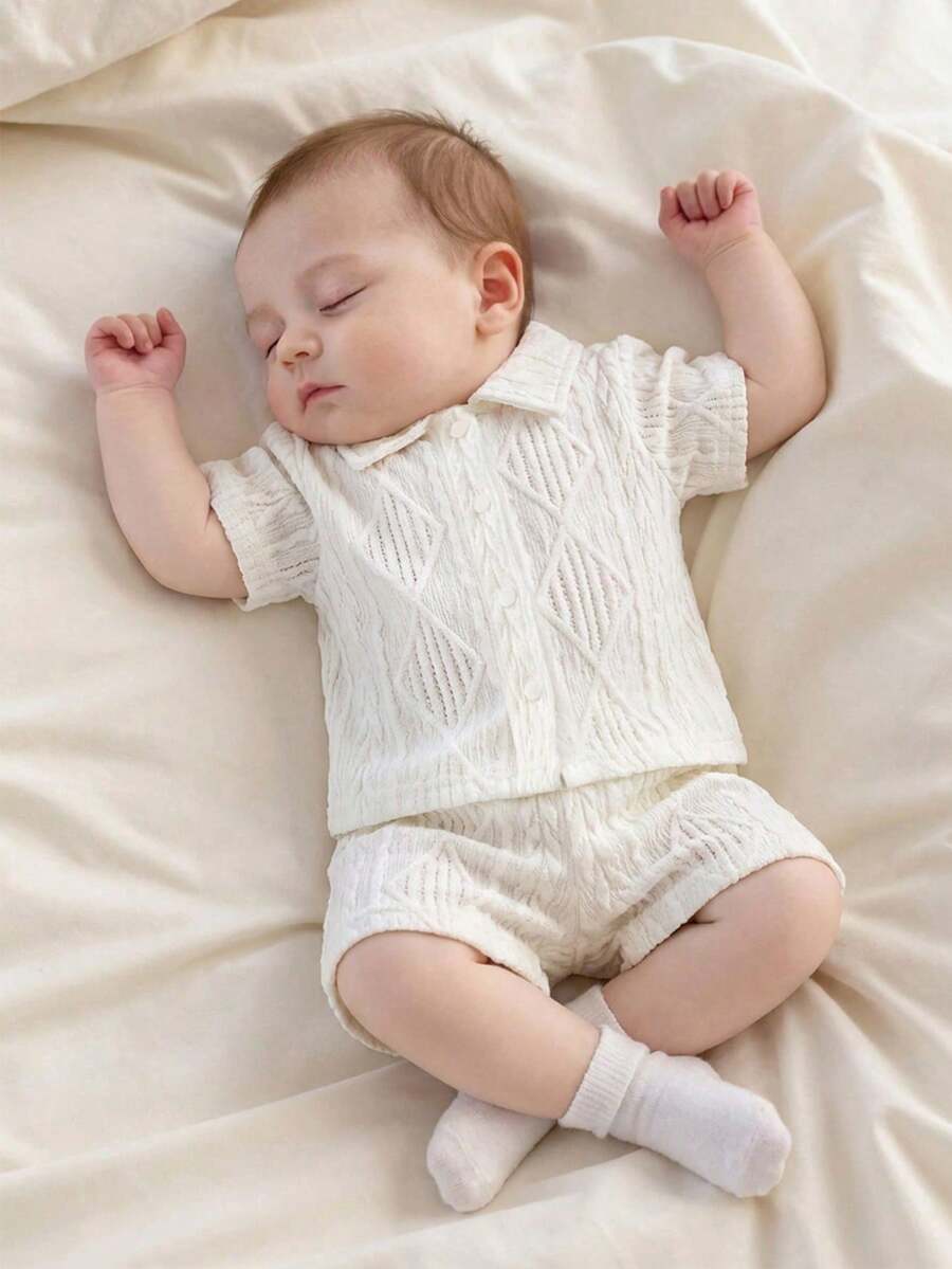 2PCS Baby Knitted Jacquard Shirt and Shorts Set for Casual Summer Outings