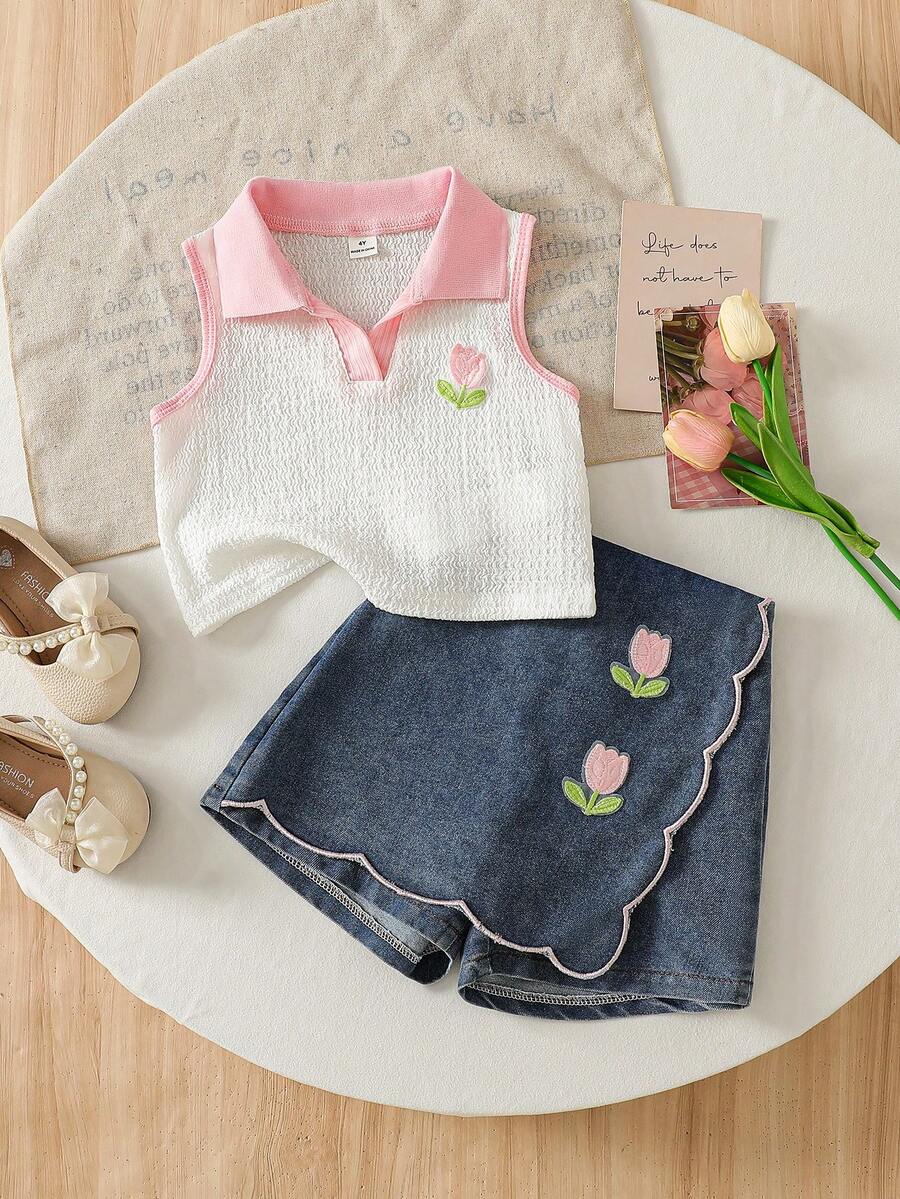 Toddler Girls Textured Knit Vest Top And Denim Skort Flower Embroidered Summer Outfit Set