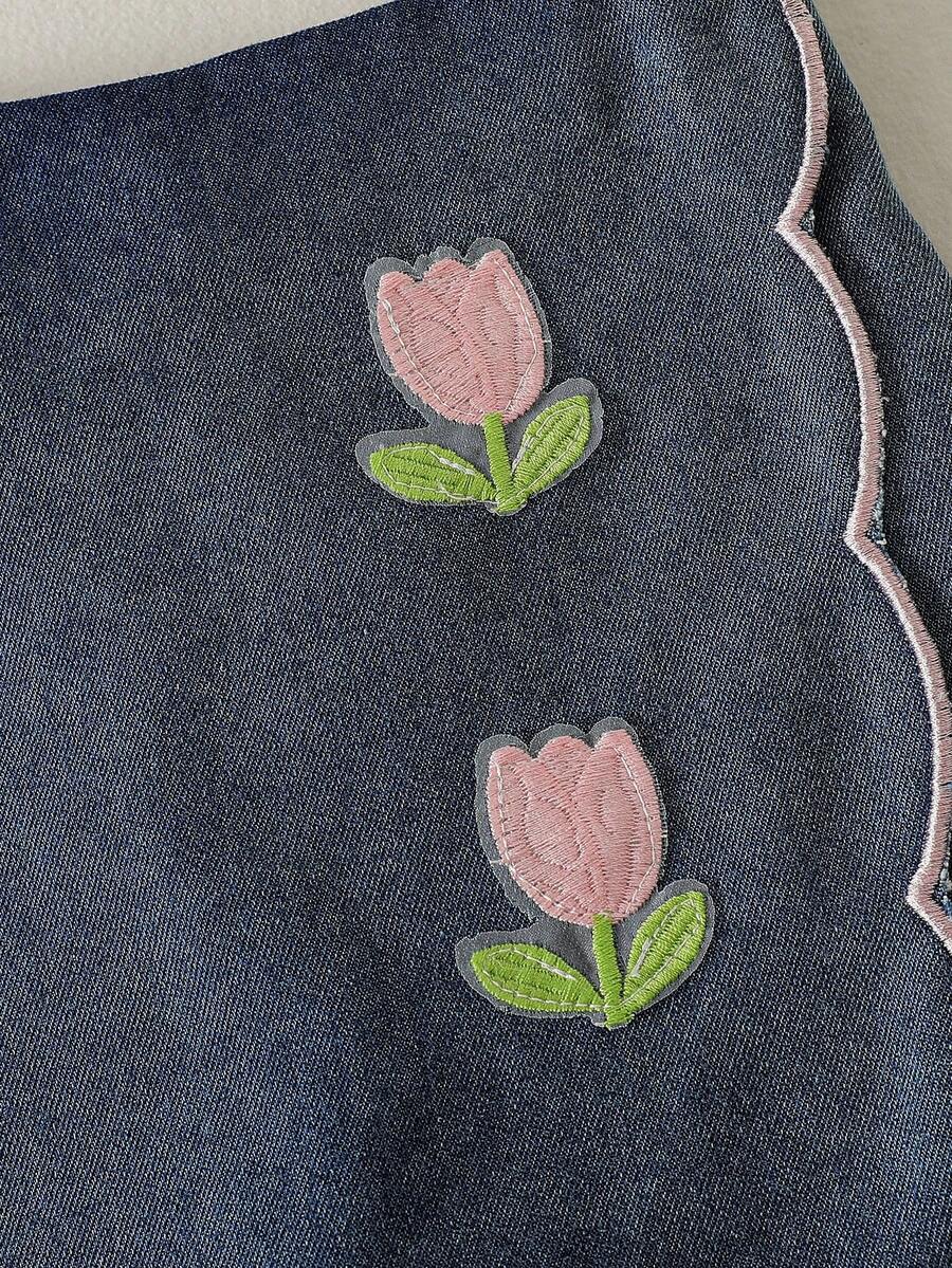 Toddler Girls Textured Knit Vest Top And Denim Skort Flower Embroidered Summer Outfit Set