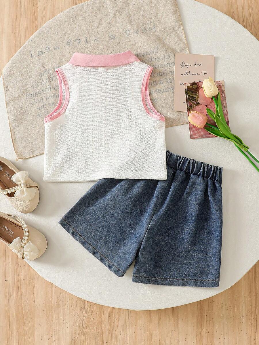 Toddler Girls Textured Knit Vest Top And Denim Skort Flower Embroidered Summer Outfit Set