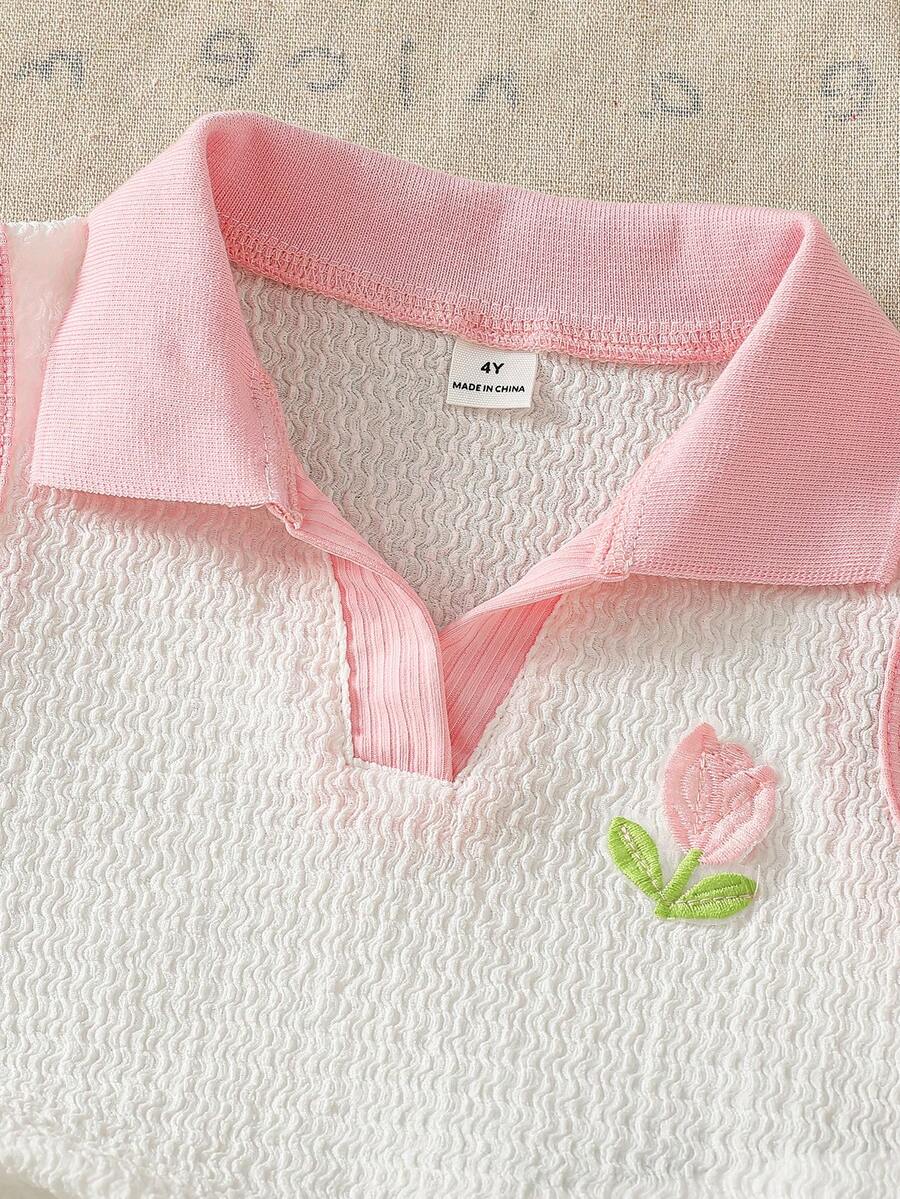Toddler Girls Textured Knit Vest Top And Denim Skort Flower Embroidered Summer Outfit Set