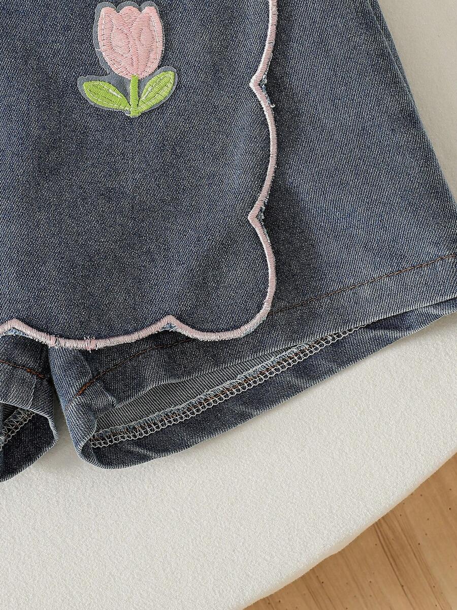 Toddler Girls Textured Knit Vest Top And Denim Skort Flower Embroidered Summer Outfit Set
