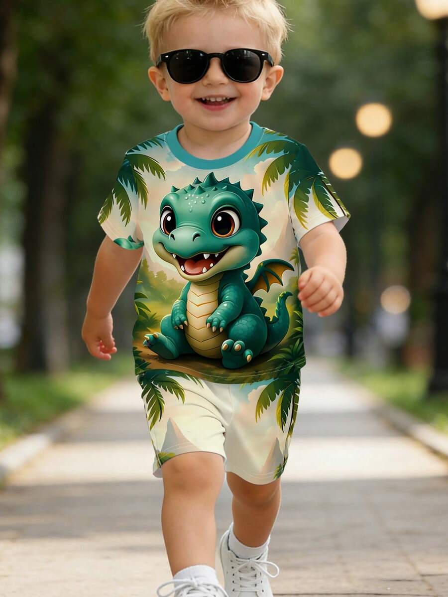 Baby Boy Blue Dinosaur Print T Shirt and Matching Shorts Summer Outfit Set