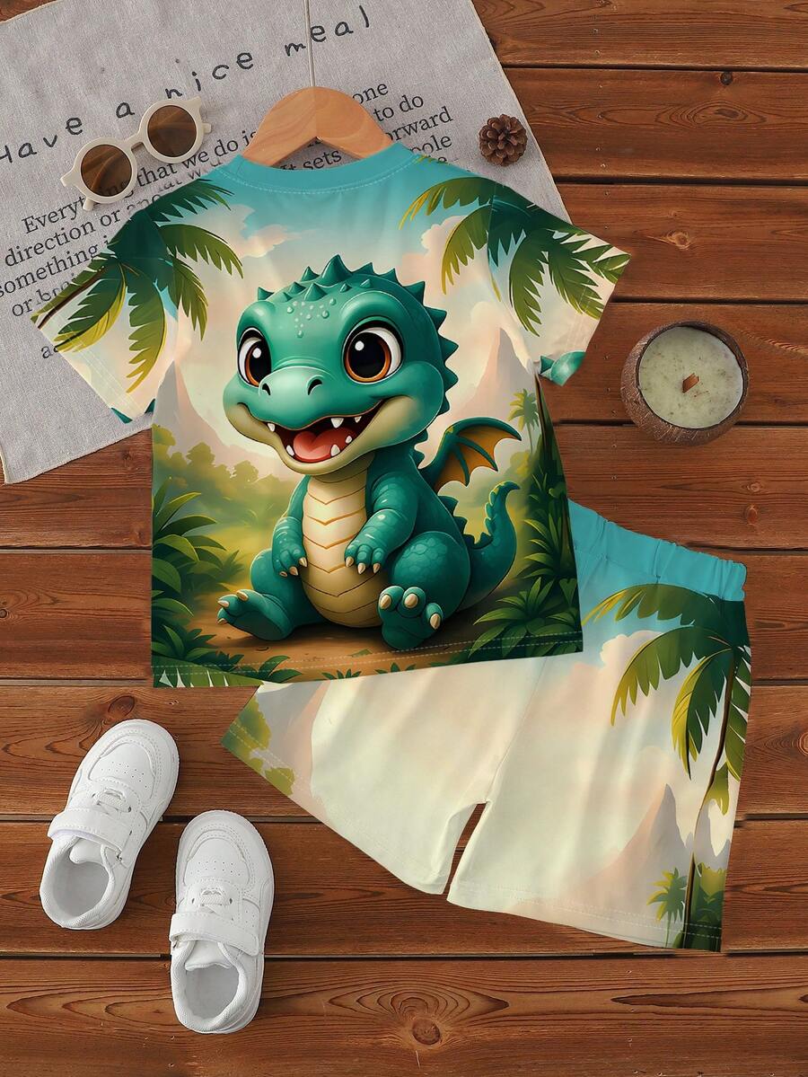 Baby Boy Blue Dinosaur Print T Shirt and Matching Shorts Summer Outfit Set