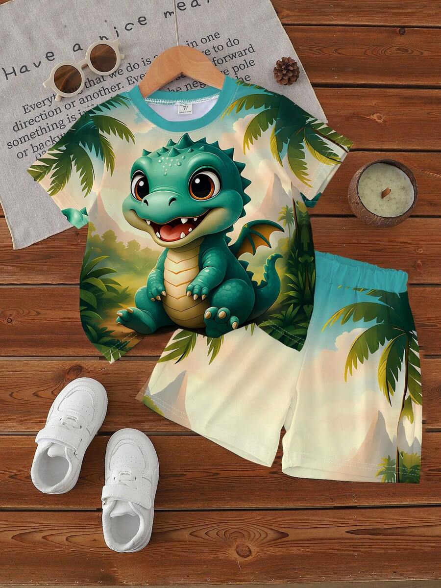 Baby Boy Blue Dinosaur Print T Shirt and Matching Shorts Summer Outfit Set