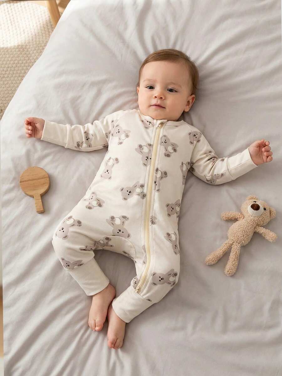 Baby Boy Cookie Print Zip Up Long Sleeve Jumpsuit Pajamas Soft One Piece Sleepwear