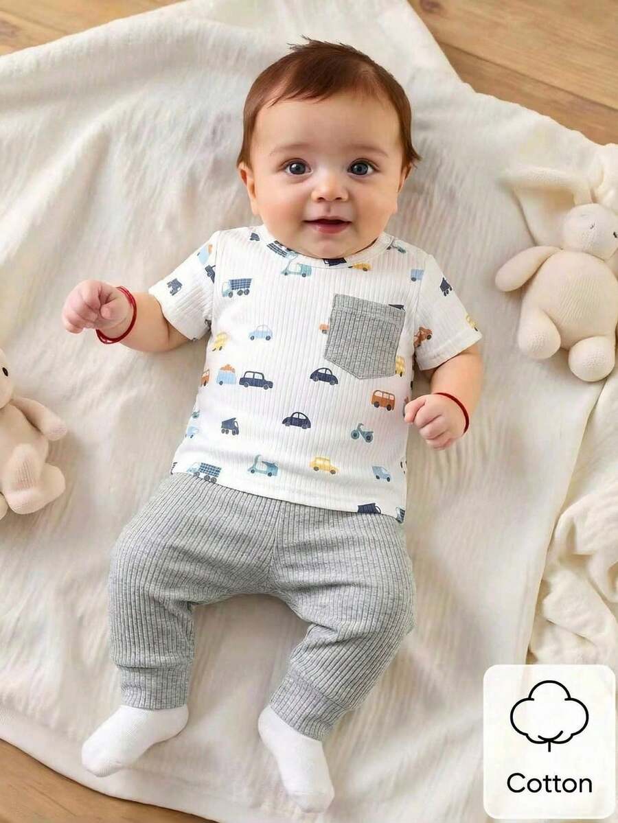 2PCS Baby Boy Dinosaur Print Top and Green Pants Set for Cute Casual Daily Wear
