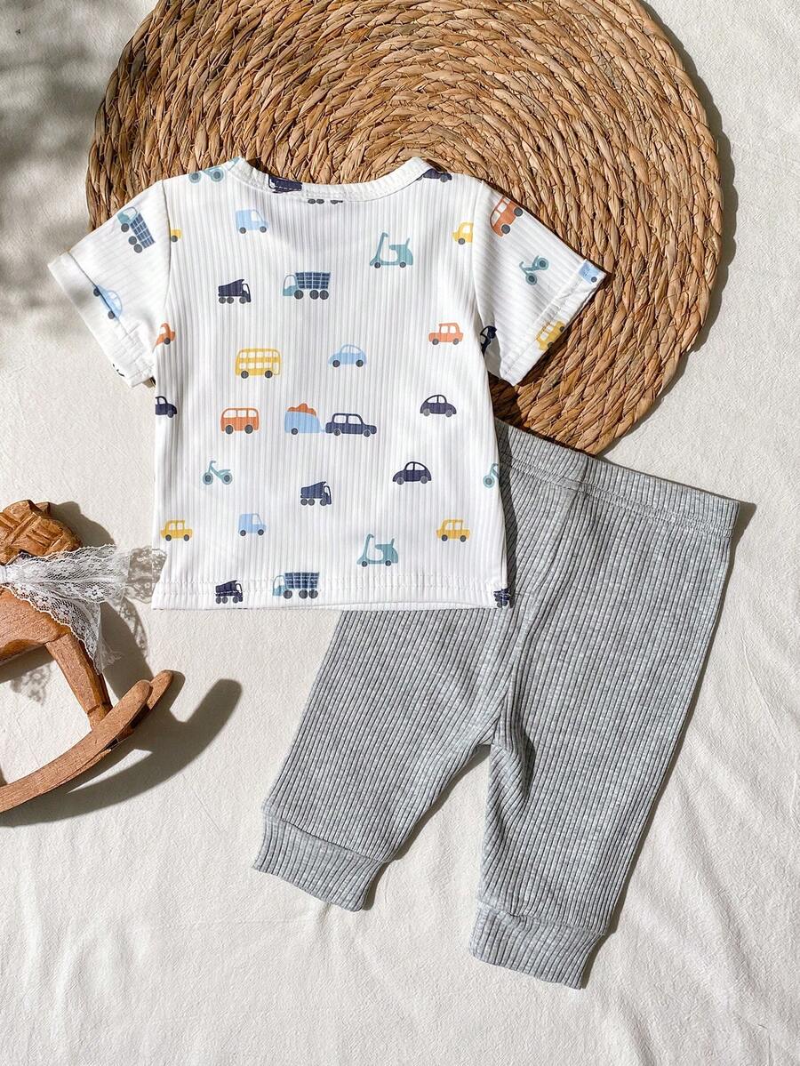 2PCS Baby Boy Dinosaur Print Top and Green Pants Set for Cute Casual Daily Wear