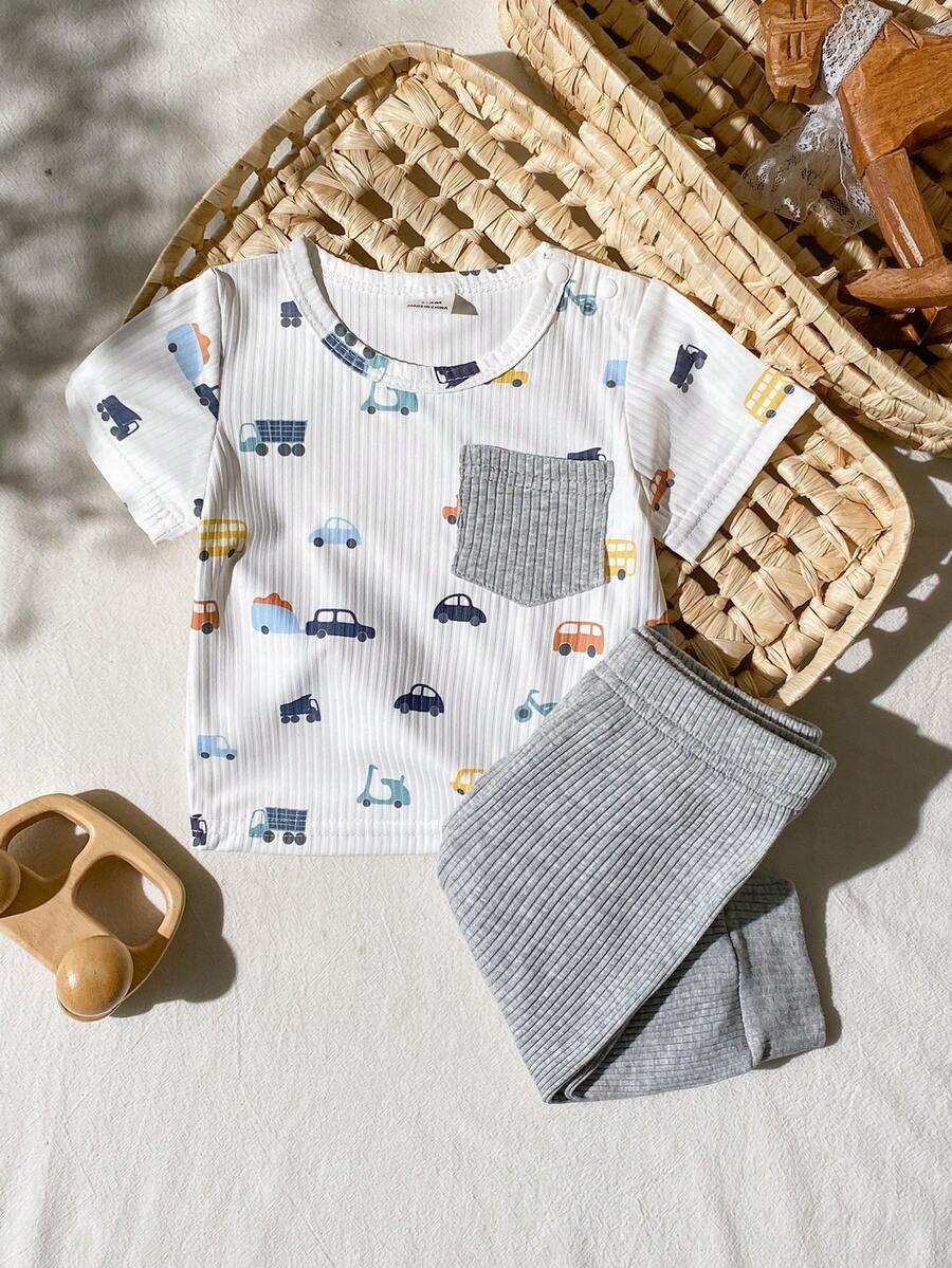 2PCS Baby Boy Dinosaur Print Top and Green Pants Set for Cute Casual Daily Wear
