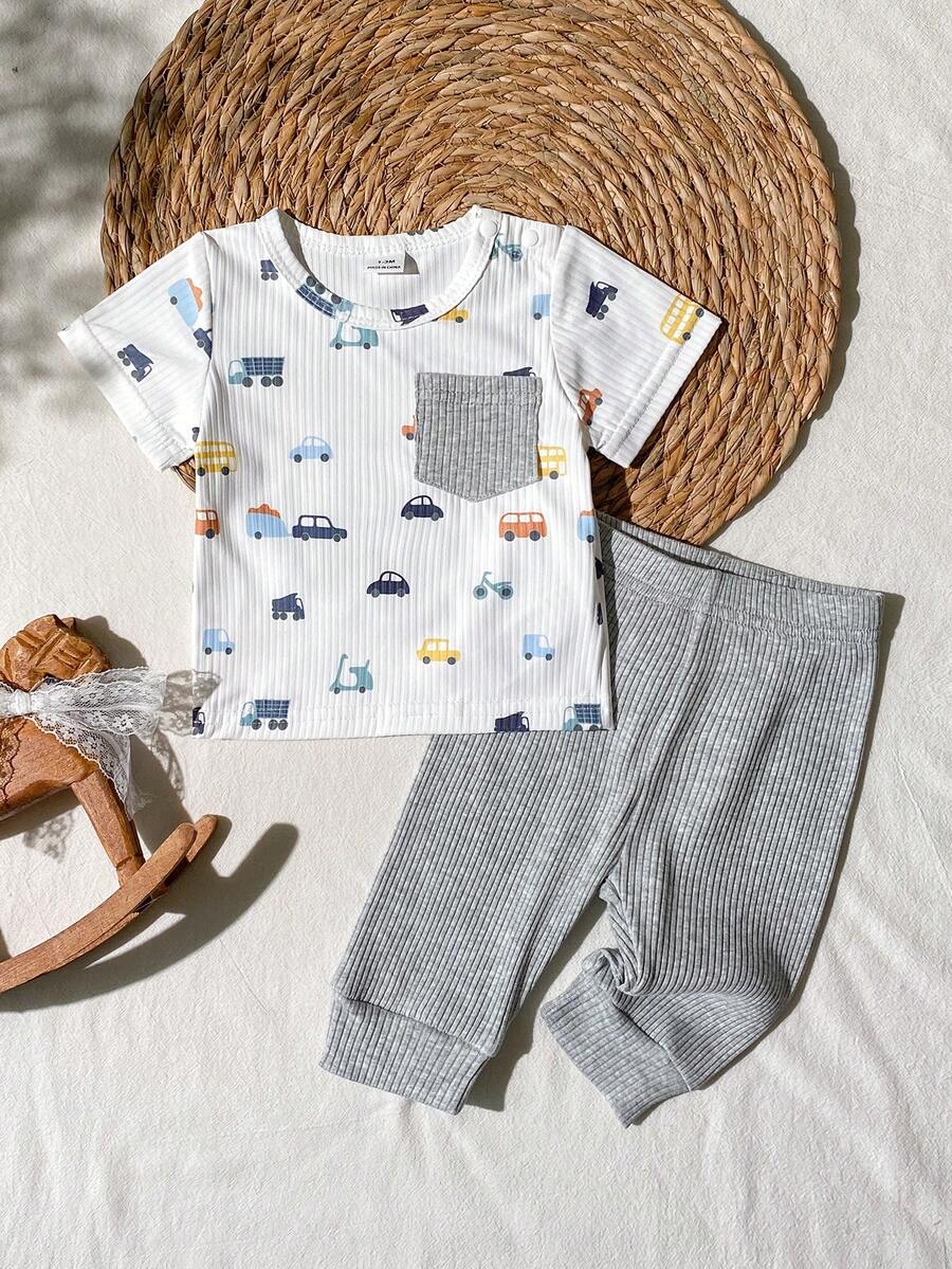2PCS Baby Boy Dinosaur Print Top and Green Pants Set for Cute Casual Daily Wear