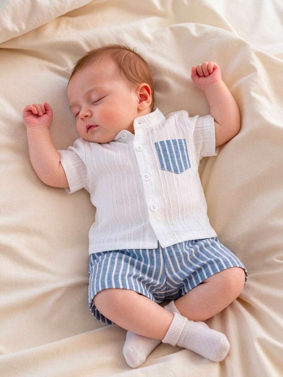 2PCS Baby Boy Gentleman Style Shirt and Shorts Set for Stylish Summer Daily Wear