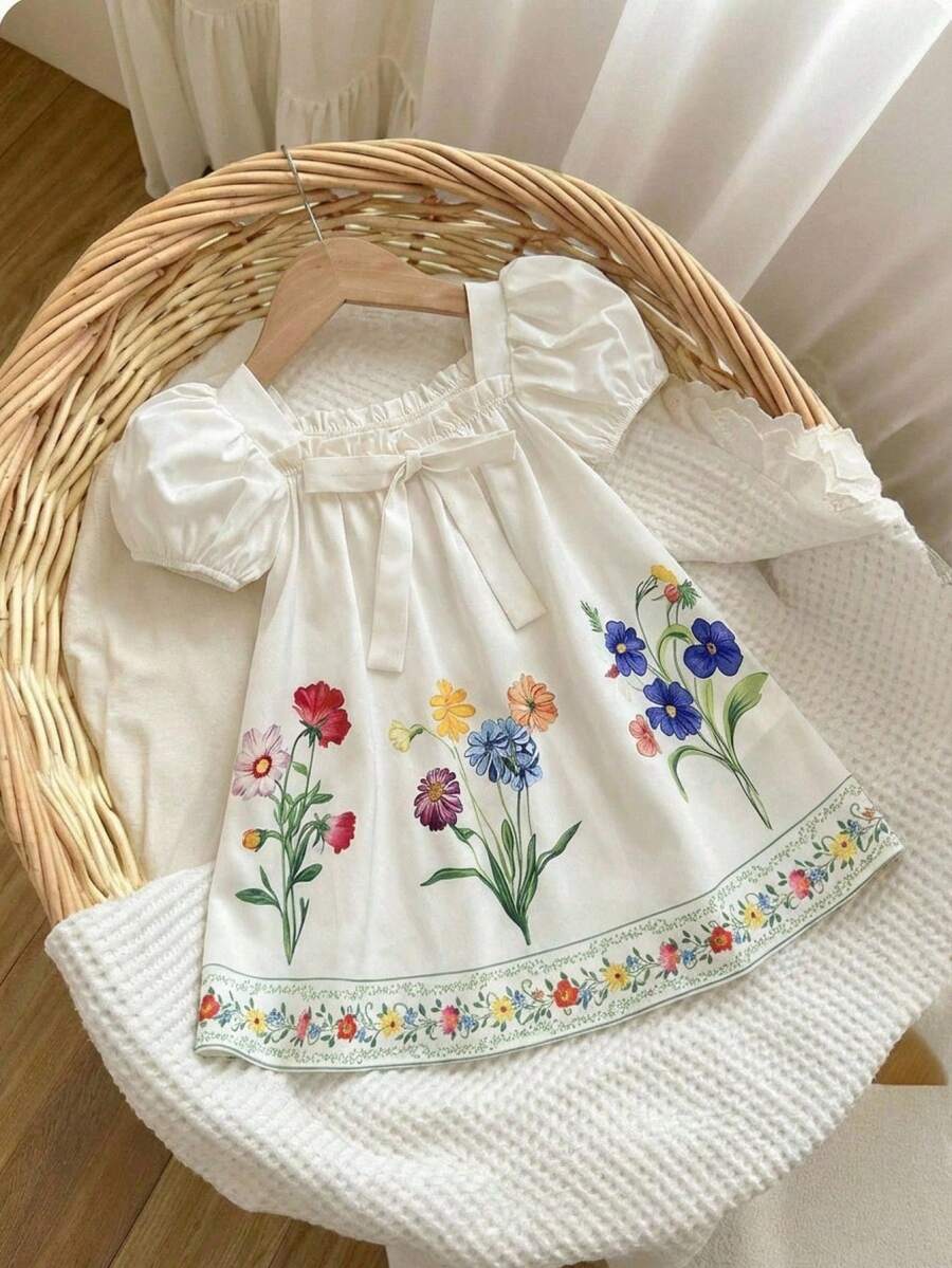 Baby Girl Plaid Bow Detail Short Sleeve Dress Cute Summer Vacation Outfit
