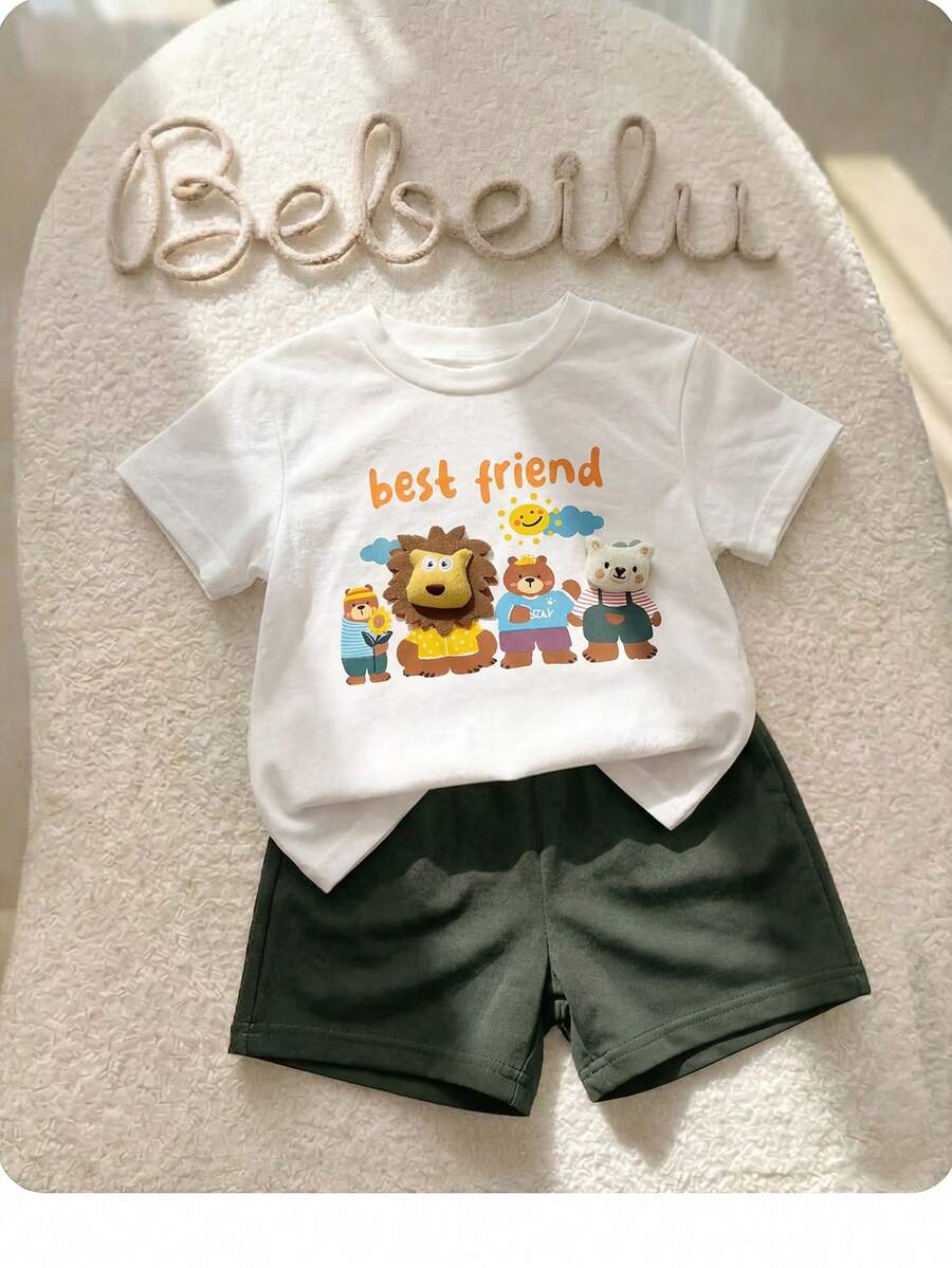 Baby Boy Animal Crayon Print T Shirt and Knitted Shorts 2 Piece Casual Spring Summer Outfit Set