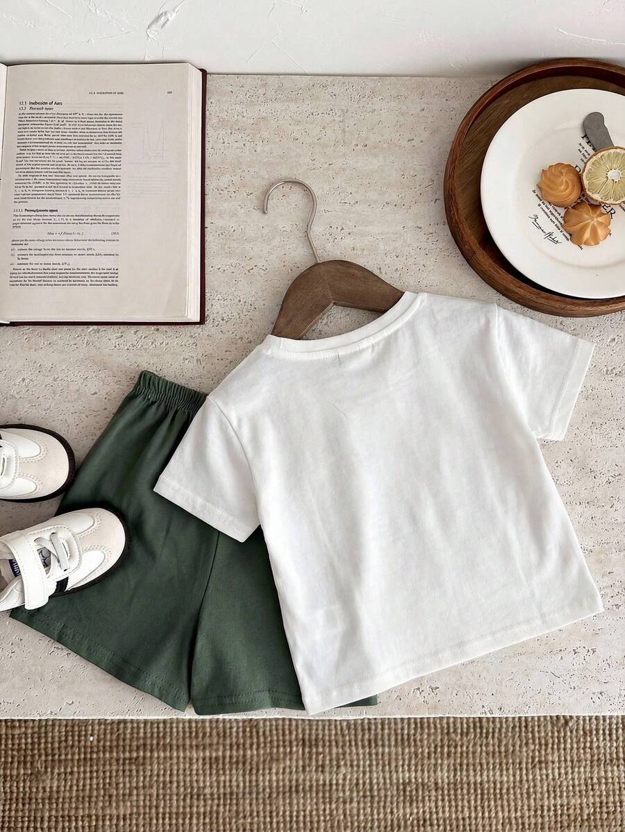 Baby Boy Animal Crayon Print T Shirt and Knitted Shorts 2 Piece Casual Spring Summer Outfit Set