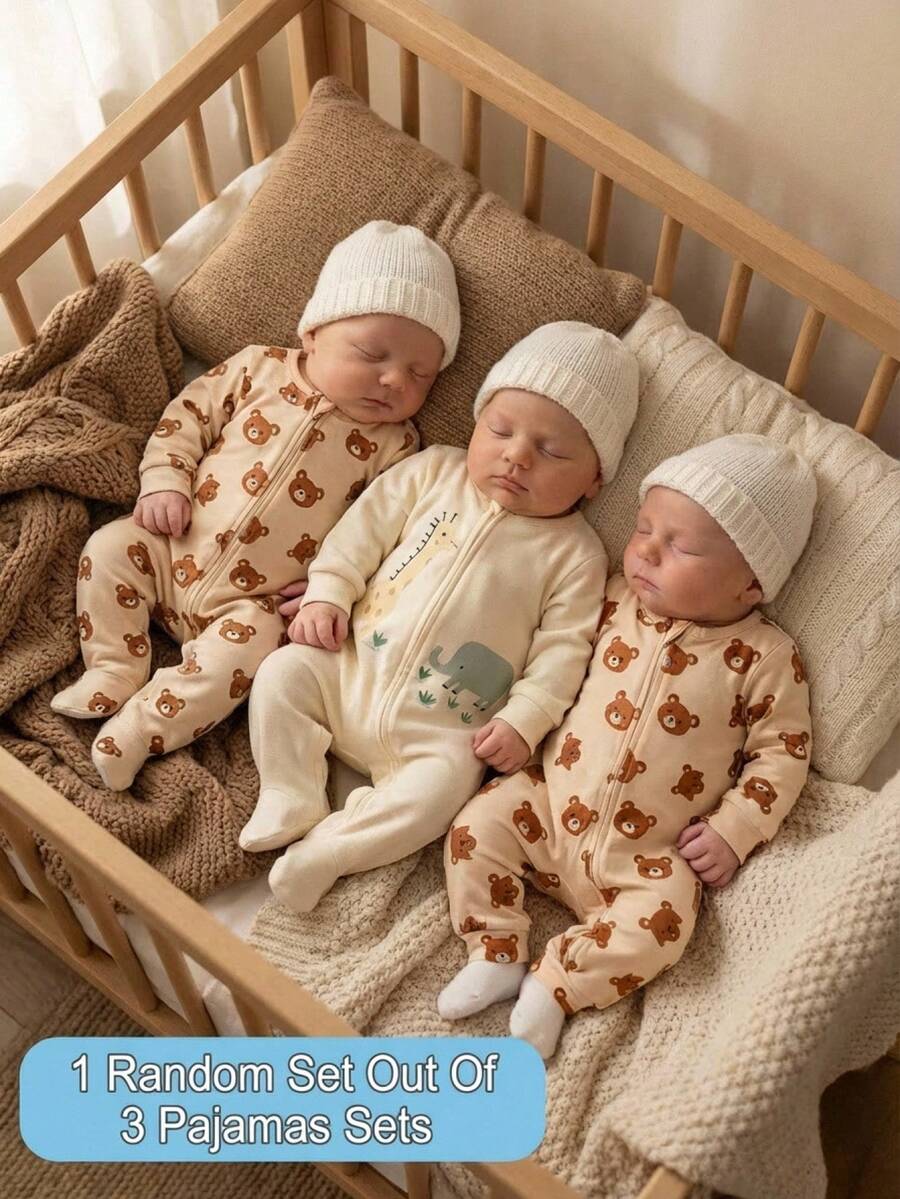 Cute Cartoon Bear Print Baby Zipper Romper for Newborn Boys and Girls