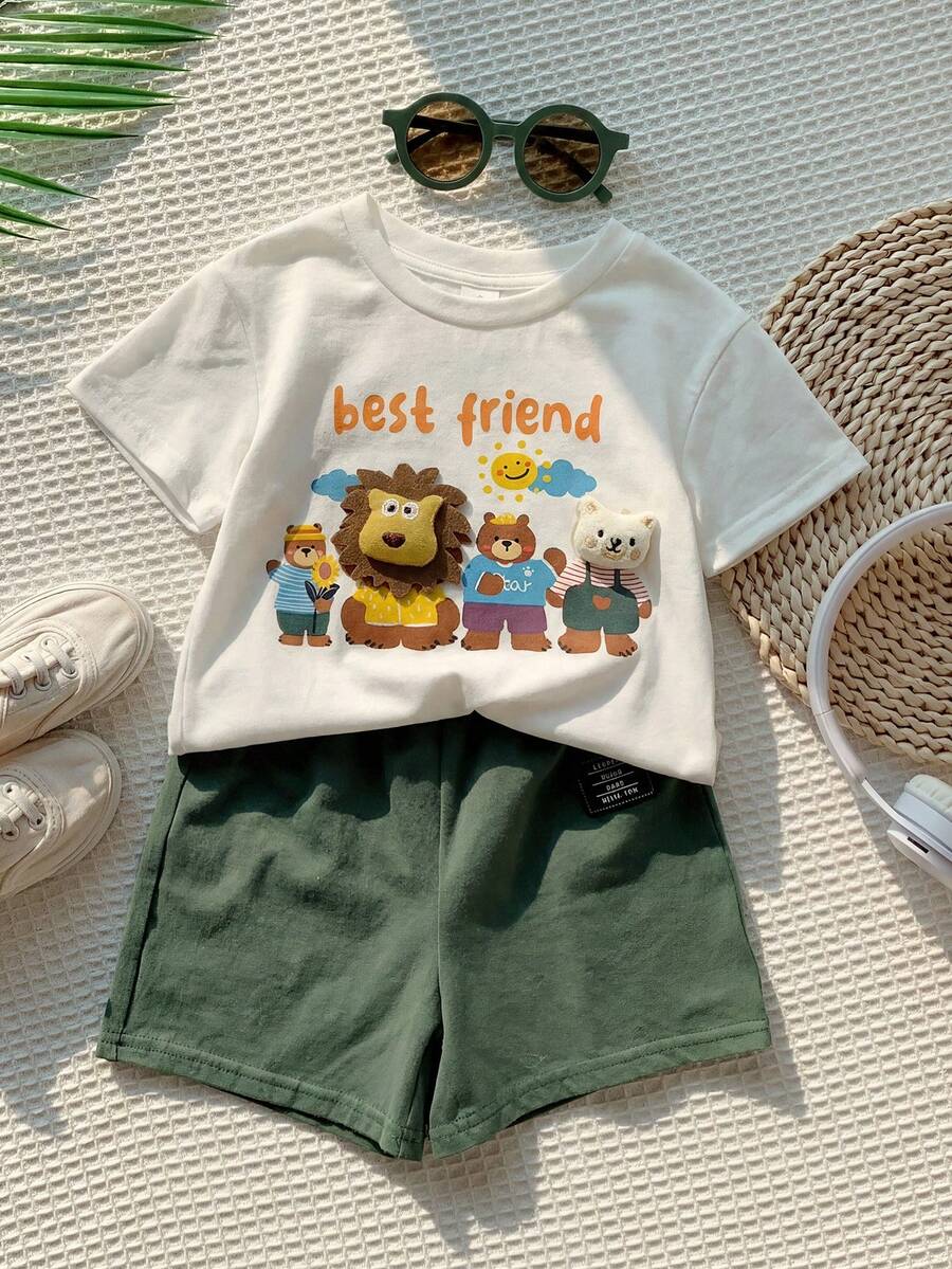 Baby Boy Animal Crayon Print T Shirt and Knitted Shorts 2 Piece Casual Spring Summer Outfit Set