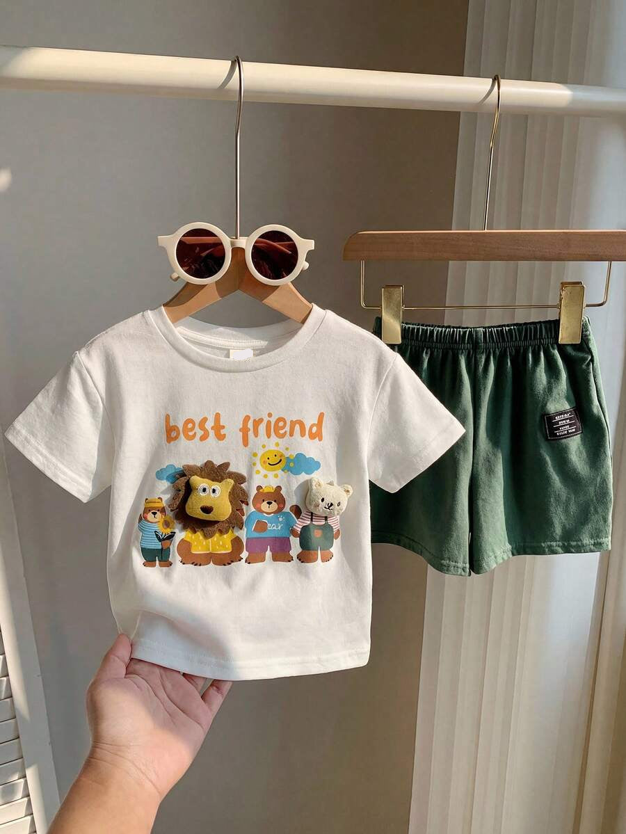 Baby Boy Animal Crayon Print T Shirt and Knitted Shorts 2 Piece Casual Spring Summer Outfit Set