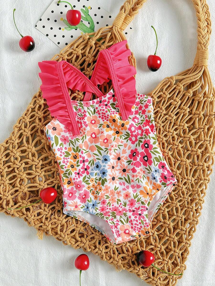 Baby Cherry Print Ruffle One-Piece Swimsuit for Vacation and Summer Play