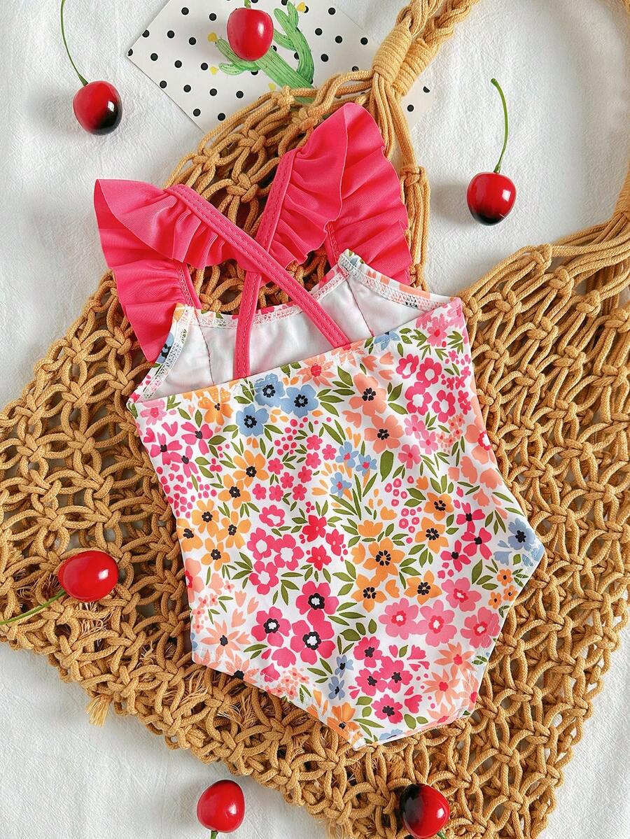 Baby Cherry Print Ruffle One-Piece Swimsuit for Vacation and Summer Play