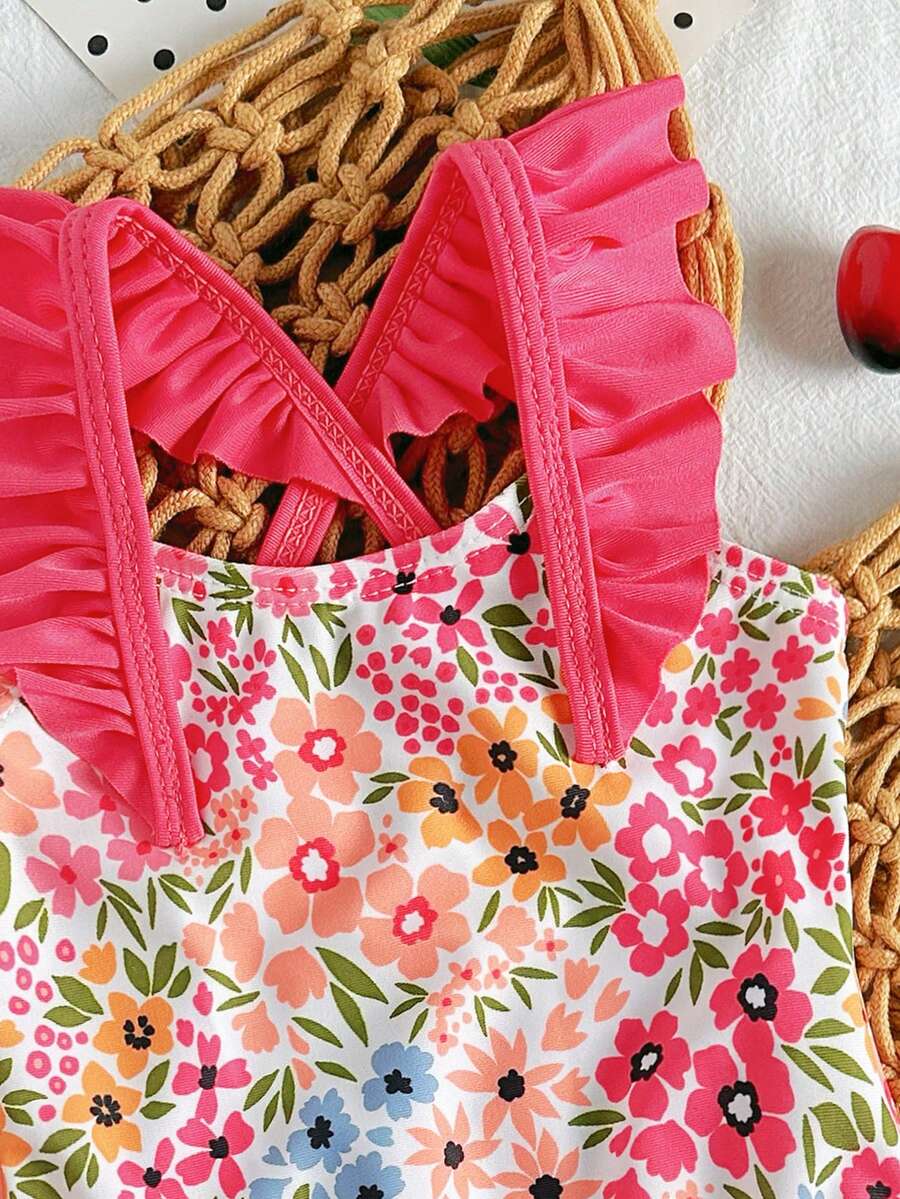 Baby Cherry Print Ruffle One-Piece Swimsuit for Vacation and Summer Play