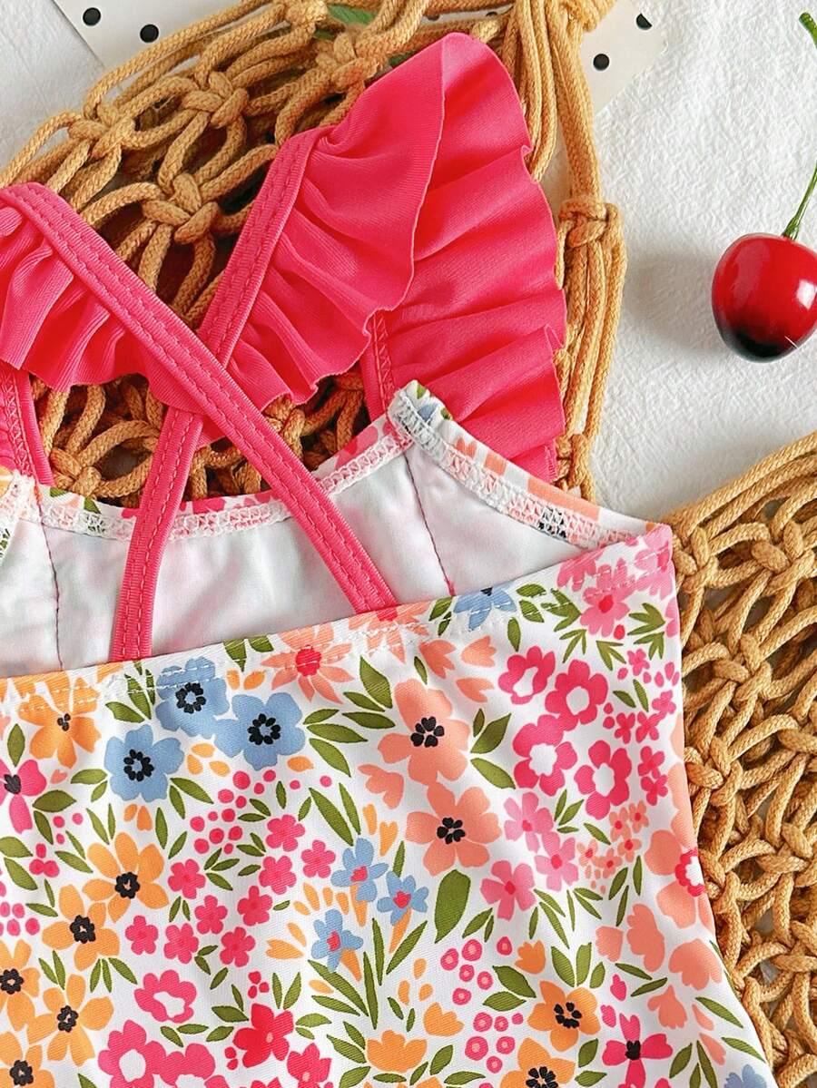 Baby Cherry Print Ruffle One-Piece Swimsuit for Vacation and Summer Play