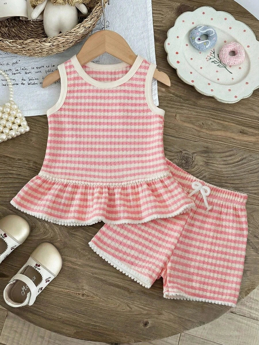 Two Piece Summer Clothing Set For Kids Girls Floral Knit Top And Shorts