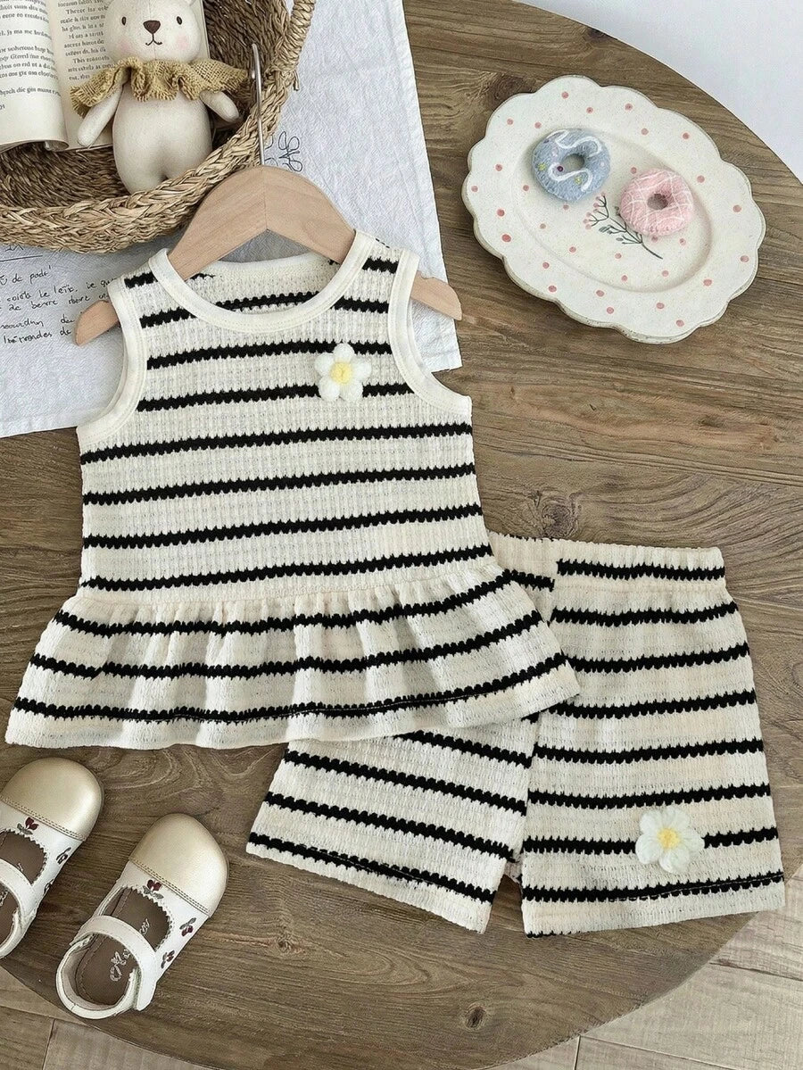 Two Piece Summer Clothing Set For Kids Girls Floral Knit Top And Shorts