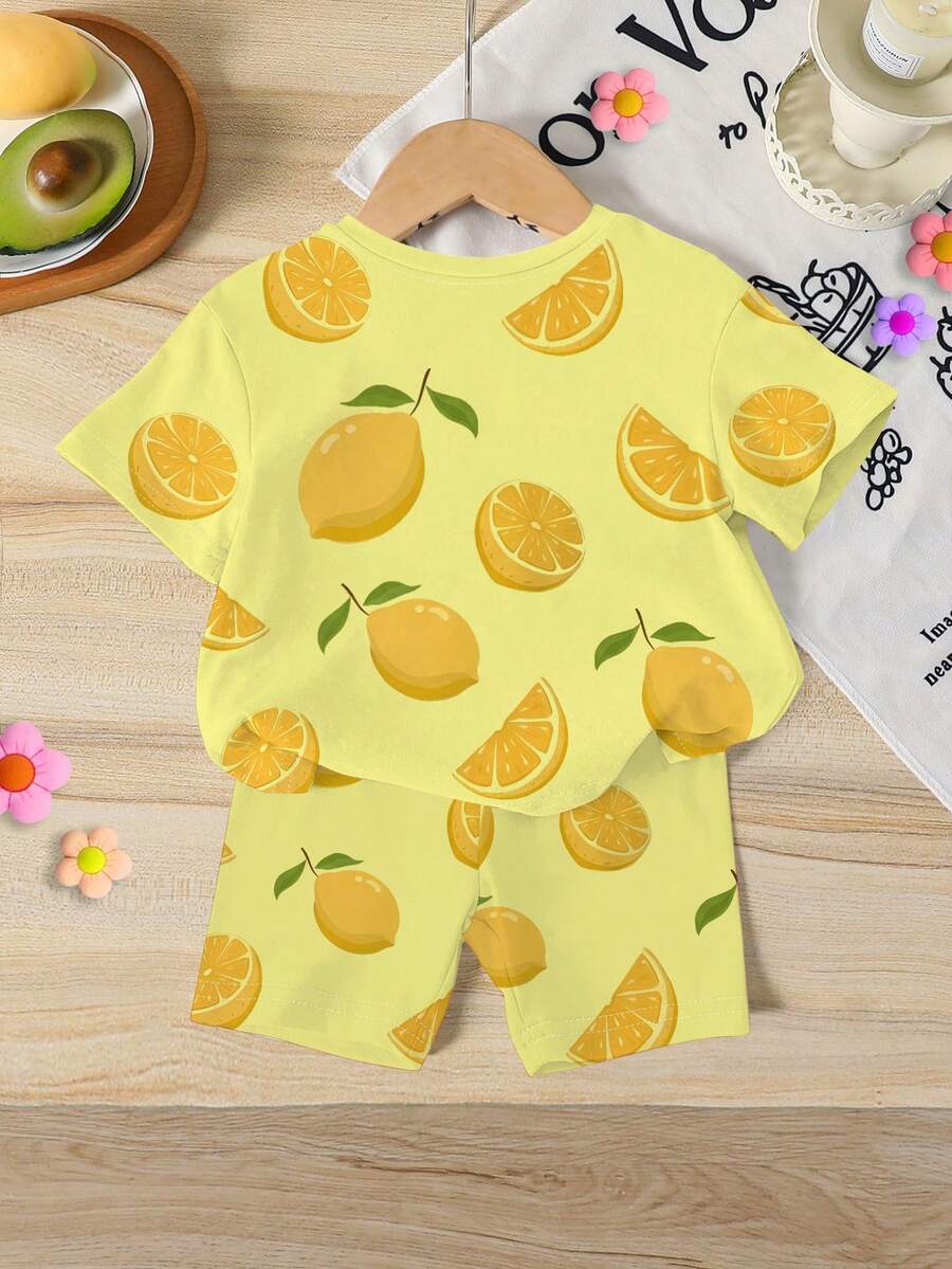Lemon Fruit & Letter Print Short Sleeve Top and Shorts Set for Baby Girls