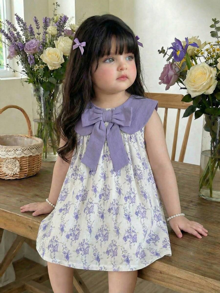 Ruffle Collar Floral Print Sleeveless Dress for Baby Girls